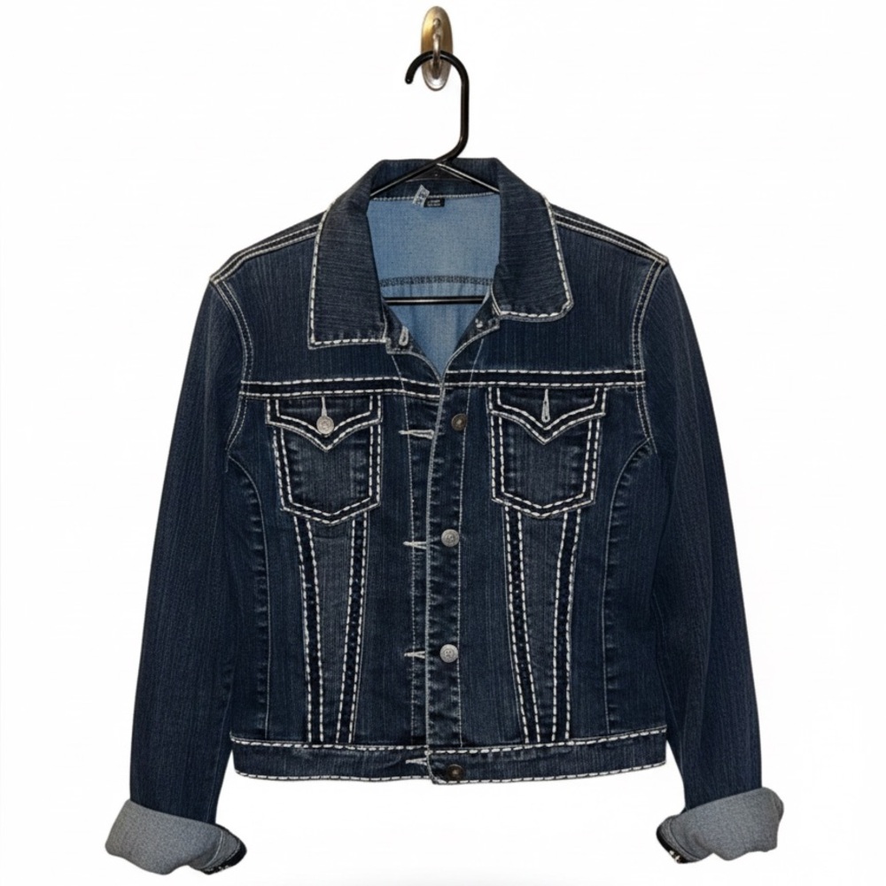 Dark Wash Denim Jacket Womens Medium White Contrast Stitching Jean Coat